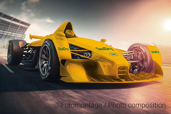 Formula 1 car with yellow SeaDry branding (photo composition)