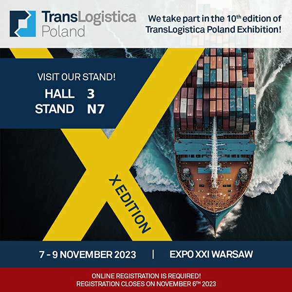 Container ship on the ocean with trade fair date 7-9.11.2023