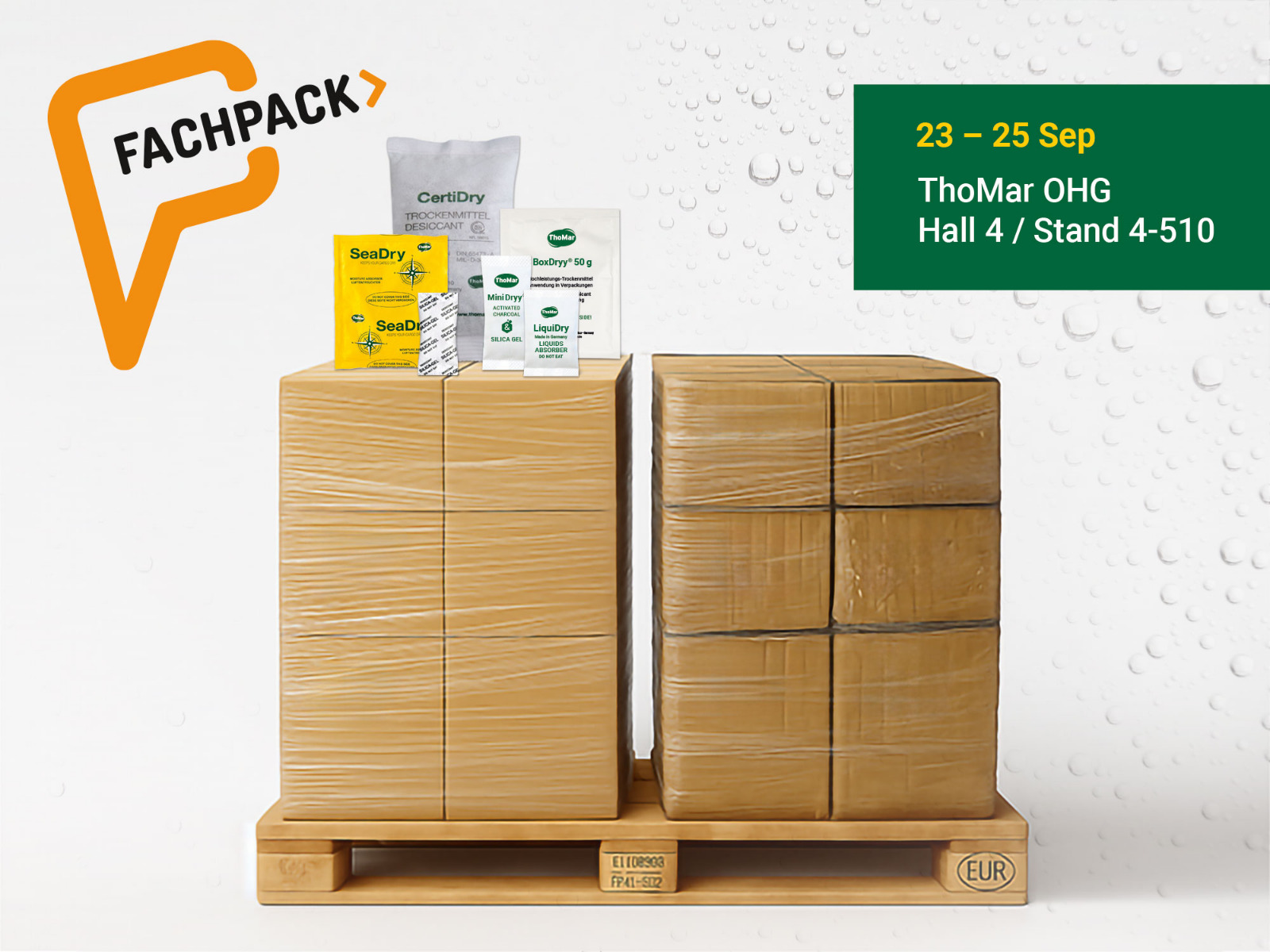 Trade fair graphics for FACHPACK 2025: ThoMar OHG presents new desiccant products in Hall 4, Stand