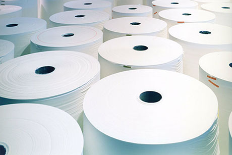Symbolbild: große Papierrollen in einer Produktionshalle